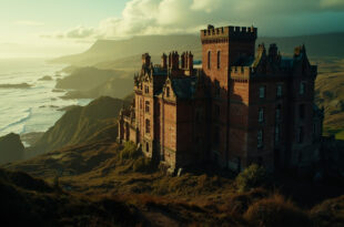 Red sandstone Victorian castle with turrets on Scottish island surrounded by green grounds and distant mountains.