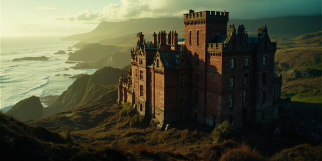 Red sandstone Victorian castle with turrets on Scottish island surrounded by green grounds and distant mountains.