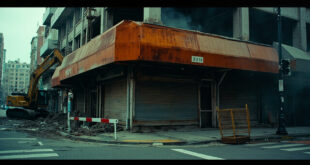 Empty restaurant storefront with metal shutters closed, construction barriers and demolition equipment visible on street corner.