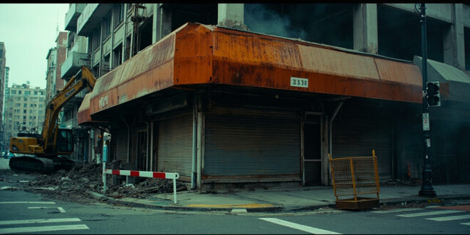Empty restaurant storefront with metal shutters closed, construction barriers and demolition equipment visible on street corner.