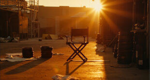 Vintage movie equipment and film reels in warm studio lighting with director's chair