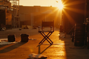 Vintage movie equipment and film reels in warm studio lighting with director's chair