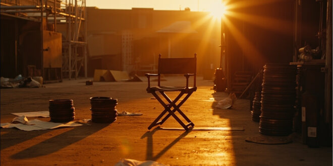 Vintage movie equipment and film reels in warm studio lighting with director's chair