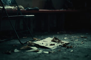 Empty dugout chair with scattered tactical notes and clipboard on concrete floor of football stadium