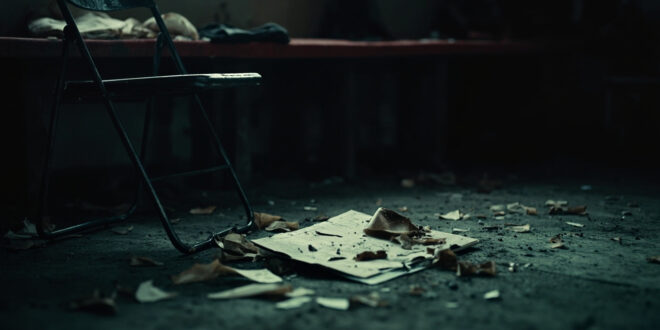 Empty dugout chair with scattered tactical notes and clipboard on concrete floor of football stadium