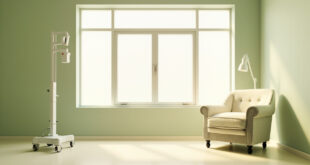 Empty therapeutic armchair positioned by window in calm residential care room with medical monitoring devices