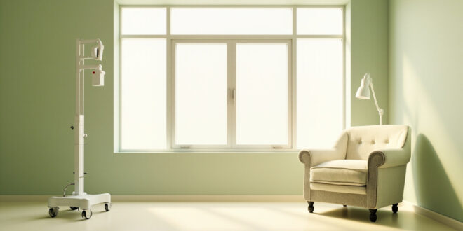Empty therapeutic armchair positioned by window in calm residential care room with medical monitoring devices