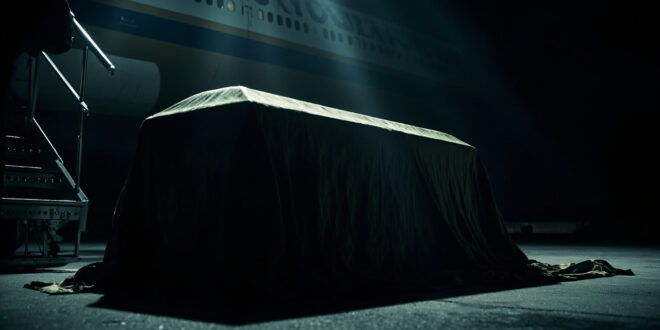 Draped mahogany coffin positioned on aircraft steps with official government plane in background on airport tarmac