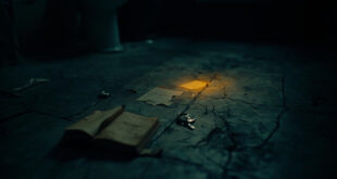 Dark bathroom floor with open book, dim lighting creating shadows across cold tiles