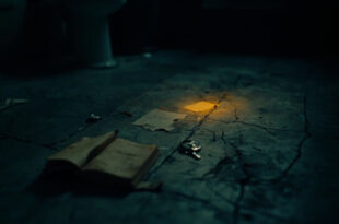Dark bathroom floor with open book, dim lighting creating shadows across cold tiles