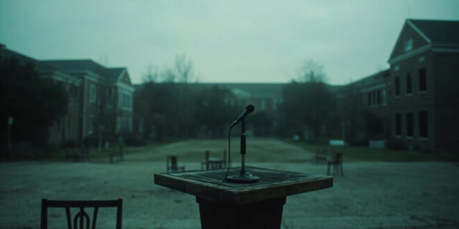 Empty wooden podium with microphone on university campus, chairs scattered around, building visible in background