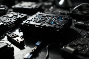 Black satellite receiver with opened casing showing circuit boards on metal table with technical documentation