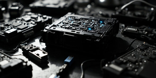 Black satellite receiver with opened casing showing circuit boards on metal table with technical documentation