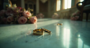 Two wedding rings separated on marble floor in abandoned ballroom with overturned chairs and wilted flowers