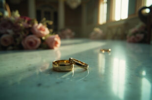 Two wedding rings separated on marble floor in abandoned ballroom with overturned chairs and wilted flowers