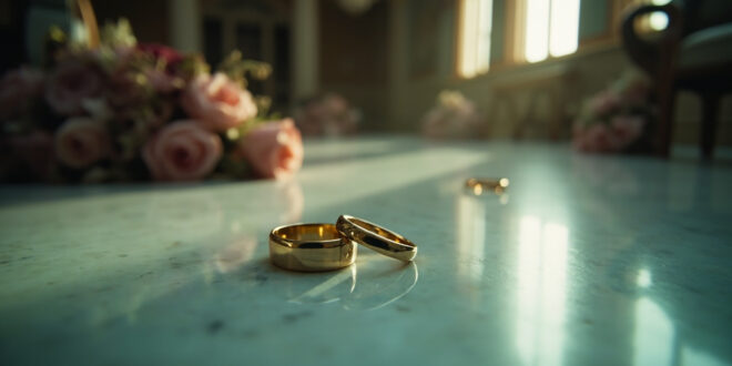 Two wedding rings separated on marble floor in abandoned ballroom with overturned chairs and wilted flowers