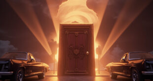 Ornate wooden door glowing with golden light in a mystical car rental lot with vintage automobiles