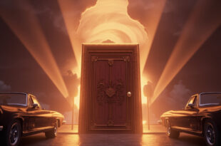 Ornate wooden door glowing with golden light in a mystical car rental lot with vintage automobiles