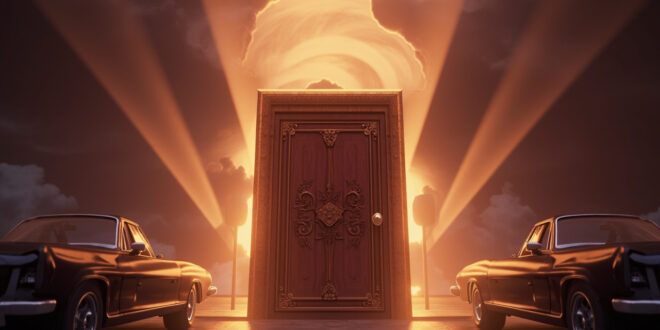 Ornate wooden door glowing with golden light in a mystical car rental lot with vintage automobiles