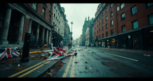 Empty London street with scattered flags, barriers, and debris after large political demonstration