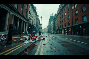 Empty London street with scattered flags, barriers, and debris after large political demonstration