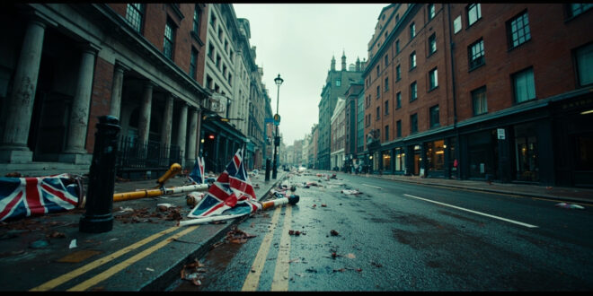 Empty London street with scattered flags, barriers, and debris after large political demonstration
