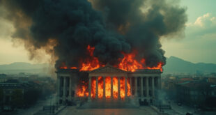 Parliament building with smoke rising against mountainous skyline in Nepal