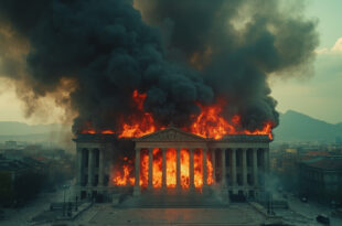Parliament building with smoke rising against mountainous skyline in Nepal