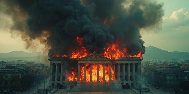 Parliament building with smoke rising against mountainous skyline in Nepal