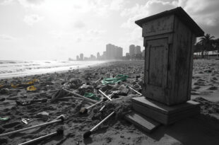 Empty wooden podium with microphone stands on Copacabana beach, scattered protest banners in sand, city buildings in background
