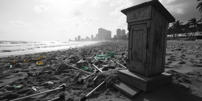 Empty wooden podium with microphone stands on Copacabana beach, scattered protest banners in sand, city buildings in background