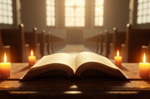 Open prayer book on wooden altar with flickering candles and soft stained glass light filtering through chapel windows