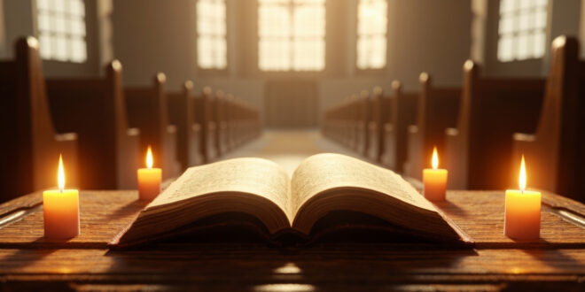 Open prayer book on wooden altar with flickering candles and soft stained glass light filtering through chapel windows