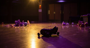 Empty roller skating rink with single skate left behind on glossy floor, party room doors closed in background.