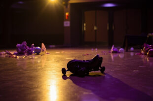 Empty roller skating rink with single skate left behind on glossy floor, party room doors closed in background.