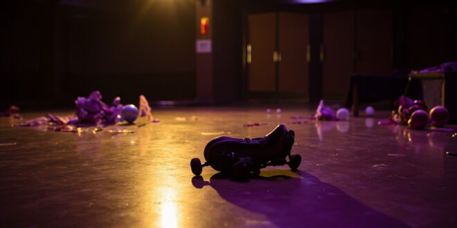 Empty roller skating rink with single skate left behind on glossy floor, party room doors closed in background.