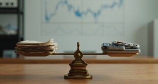Brass balance scales weighing pension documents against modern financial charts on wooden desk.