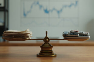 Brass balance scales weighing pension documents against modern financial charts on wooden desk.