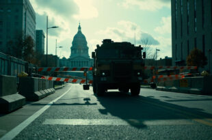 Military checkpoint with armored vehicle at state boundary, warning barriers, and constitutional documents near government buildings.