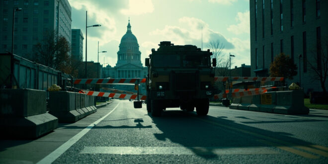 Military checkpoint with armored vehicle at state boundary, warning barriers, and constitutional documents near government buildings.