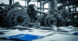 Industrial gears and machinery parts entangled with blue regulatory documents in modern factory setting