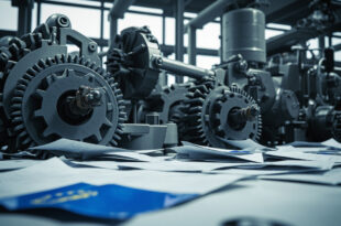 Industrial gears and machinery parts entangled with blue regulatory documents in modern factory setting