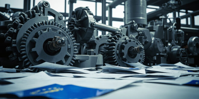 Industrial gears and machinery parts entangled with blue regulatory documents in modern factory setting