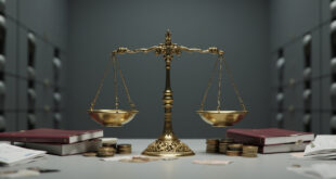 Brass scales balancing euro coins against government policy documents in a stark office setting.