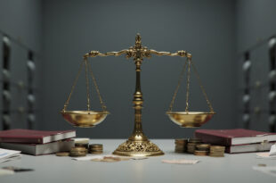 Brass scales balancing euro coins against government policy documents in a stark office setting.