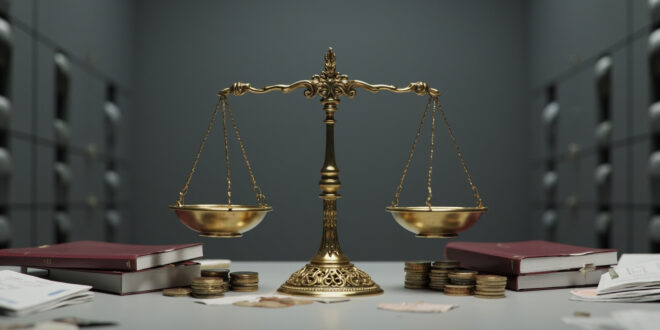 Brass scales balancing euro coins against government policy documents in a stark office setting.