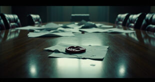 Empty conference room with scattered official documents and broken red wax seal on polished wooden table