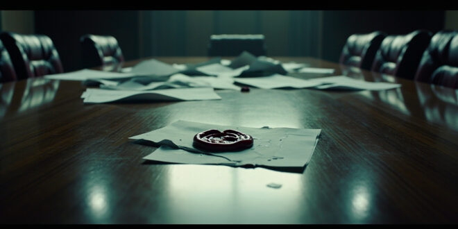 Empty conference room with scattered official documents and broken red wax seal on polished wooden table