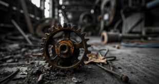 Rusted gear wheel on empty factory floor with silent machinery in background