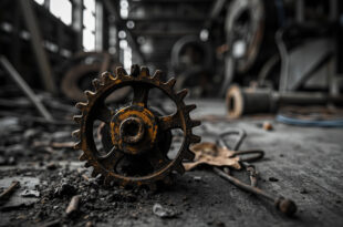 Rusted gear wheel on empty factory floor with silent machinery in background